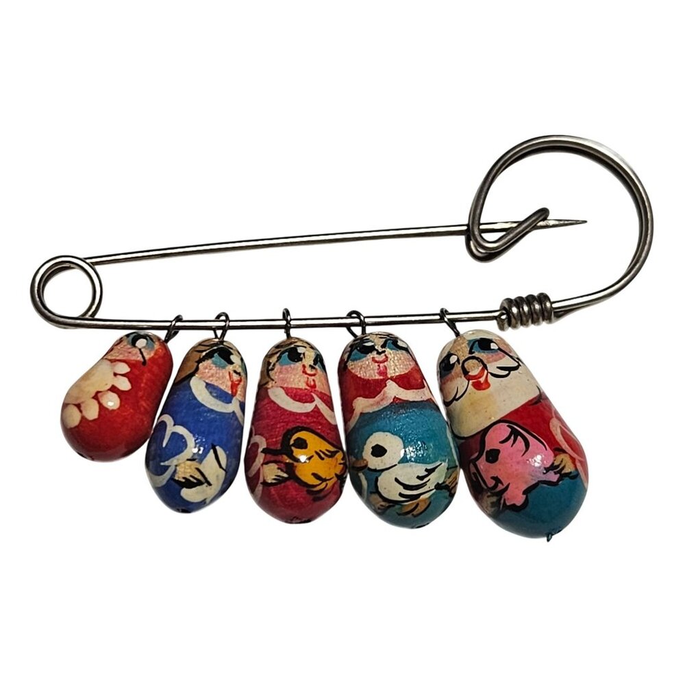 Vintage Russian Nesting Doll Brooch Pin Hand Painted Beads Folklore Fashion